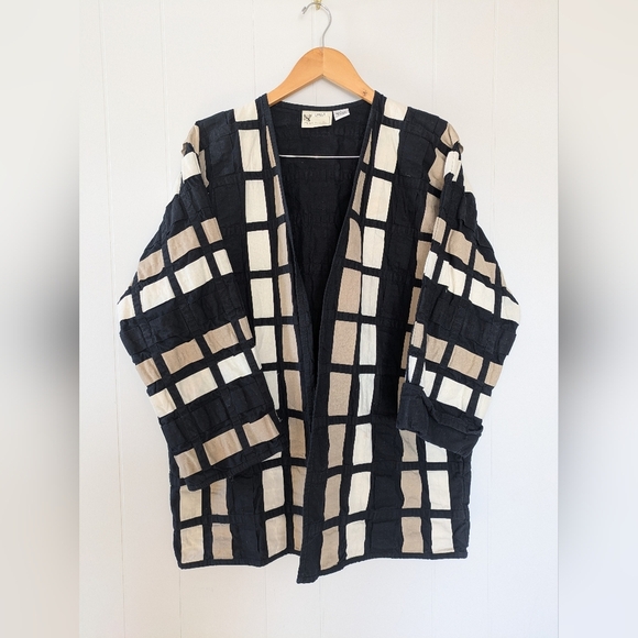 Yak Magik Colorblock Ribbon Weave Open Jacket Black Tan White Large Artsy Unique - Picture 6 of 7